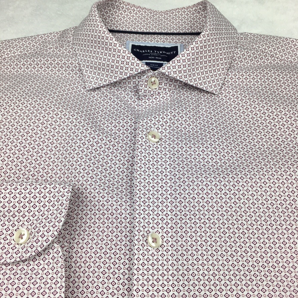 Charles Tyrwhitt Dress Shirt Mens XL Burgundy/Pink Print Slim Fit Non Iron - Picture 4 of 10